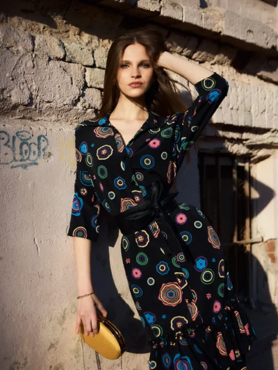 Rochie midi, print negru geometric