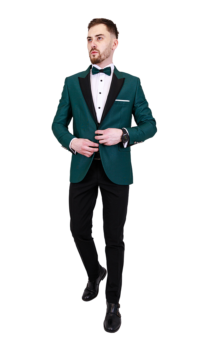 Costum Bărbați Skinny Fit Gală, Tuxedo, 2 piese, sacou verde și pantalon negru
