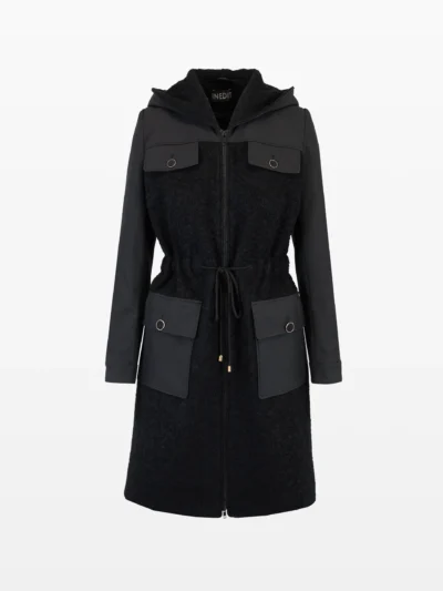 Jacheta femei lunga neagra cu glugă